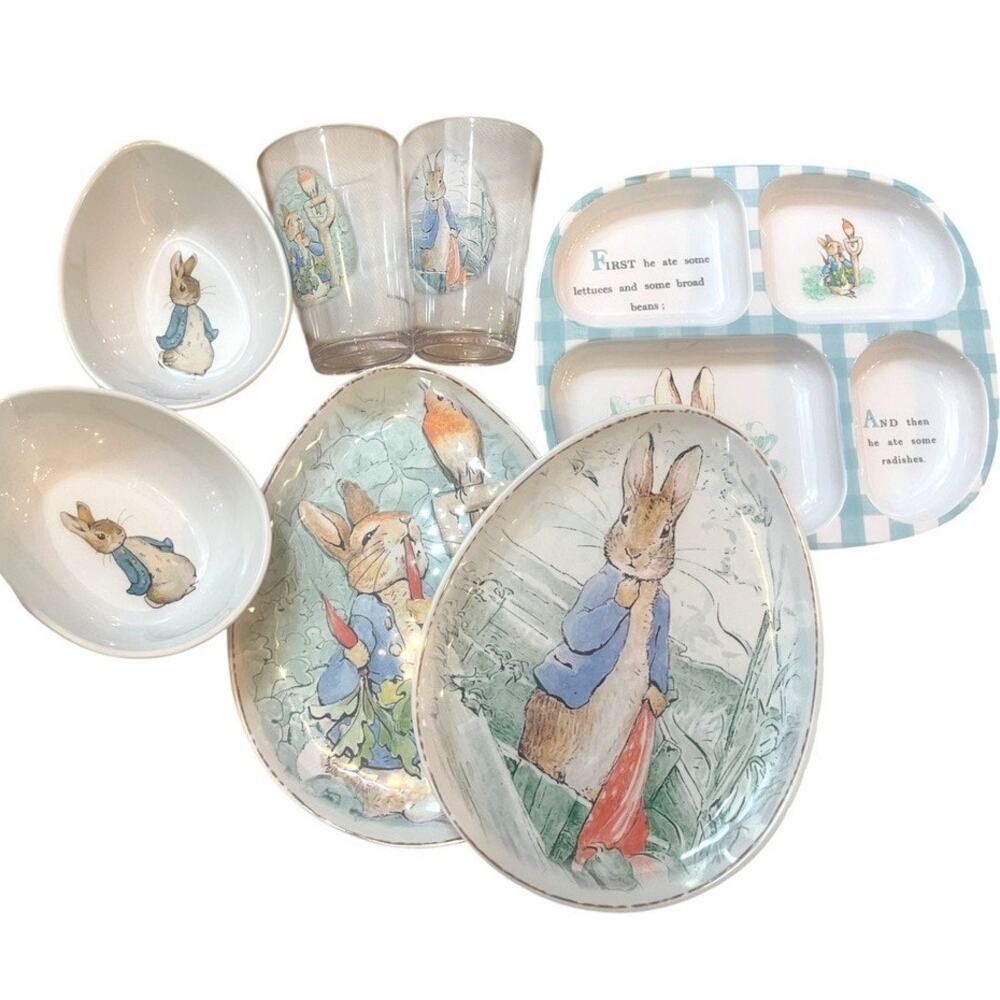 Pottery Barn Kids Beatrice Potter Peter Rabbit 7 pc Melamine Dishes, Bowls, Cup